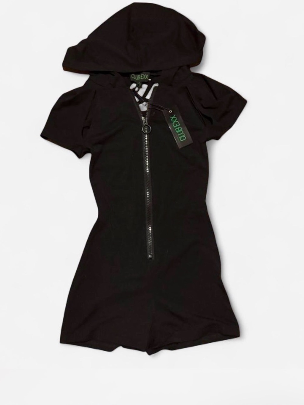 Black romper with hood and zipper detail